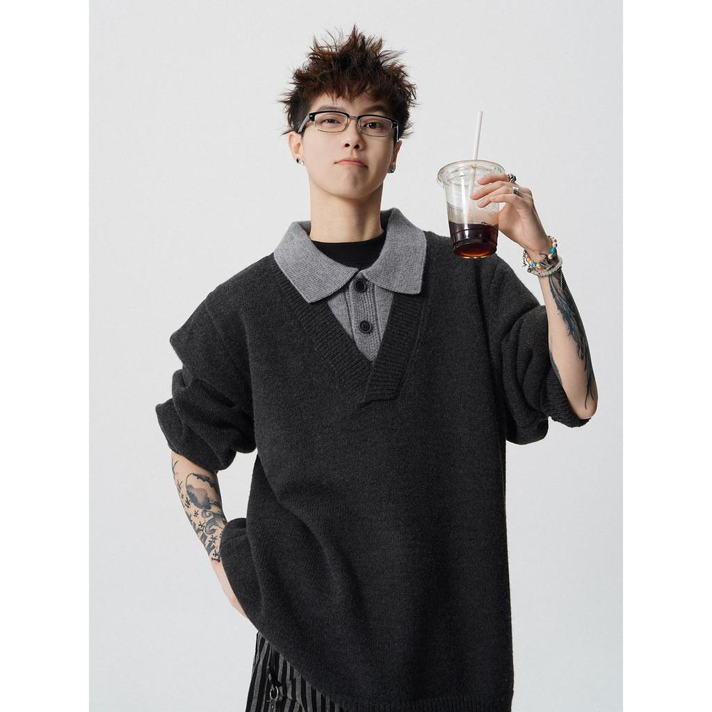 Vintage Style Men's Lapel Sweater: Patchwork Knitwear Pullover for Spring/Autumn