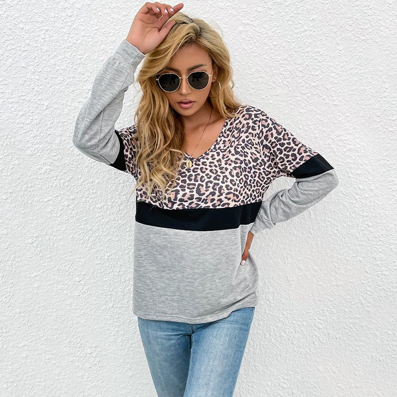 Fashionable and Casual Temperament Early Fall Women's Leopard Print Splicing Long-sleeved Bottoming Shirt Female Models