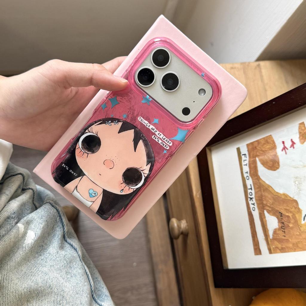 Pink Transparent Cute Cartoon Girl iPhone Case for Apple 16/17 Pro Max with Anti-Fall Protection