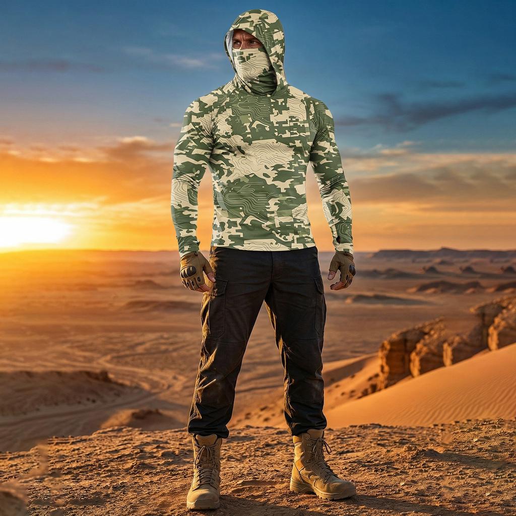 Men's Casual Raglan Sleeve Hooded Long Sleeve Sun Protection Shirt Camouflage Print Lightweight Breathable Outdoor Top