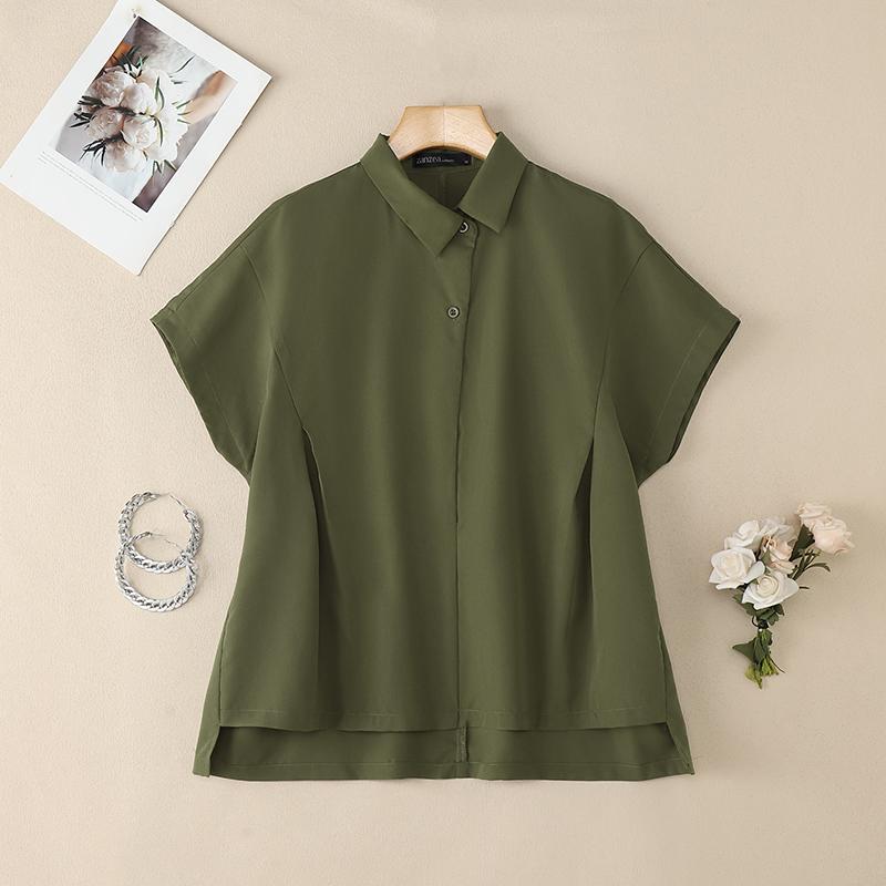 

ZANZEA Женская свободная повседневная блузка с отложным воротником и коротким рукавом 5XL армия зеленый