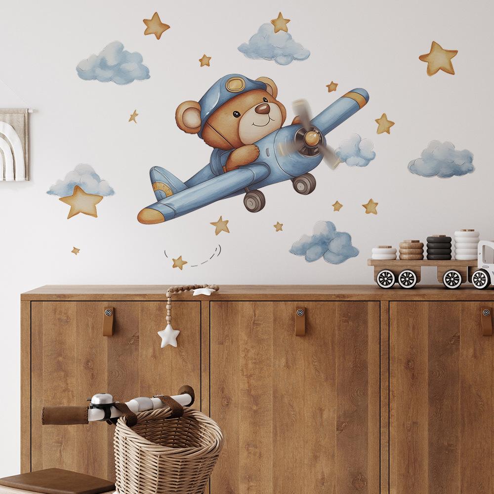 Cartoon Bear Flying Plane Stars Clouds Bedroom Living Room Home Background Beautification Decoration Wall Stickers