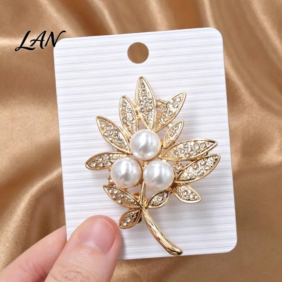 Secure Clasp Brooch Vintage Rhinestone Leaf Brooch, Faux Pearl Leaves Lapel Pin, Sweater Decorative Pin Cardigan Coat Suit Scarf Decoration,