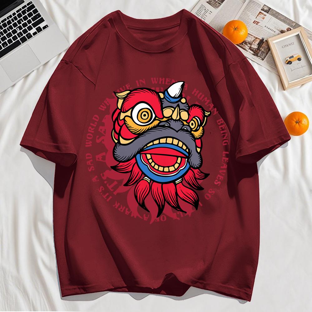 Energetic Dancing Lion Head Prints Mens T-Shirt Hip Hop O-Neck Short Sleeve Cotton Casual T Shirt Oversized Summer Top