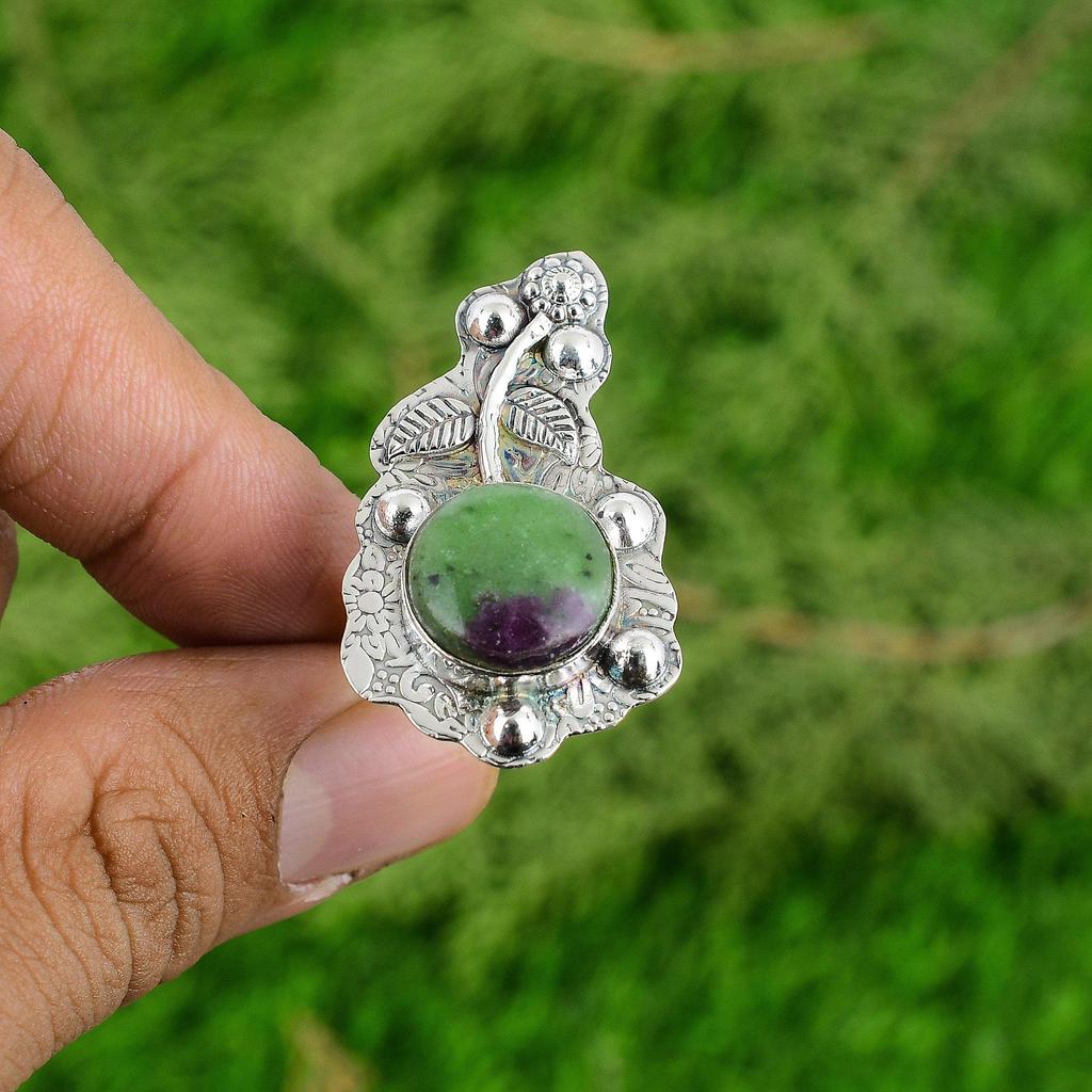Mothers day Deal 925 Sterling Silver Ruby Zoisite Gemstone Solitaire Flower Ring