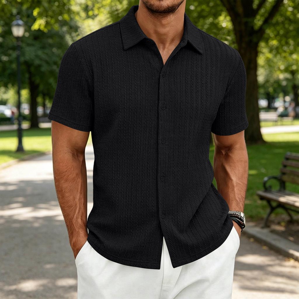 Men's Textured Knit Short Sleeve Shirt Casual Simple Button Down Polo Collar Shirt Summer Lightweight Breathable Fabric