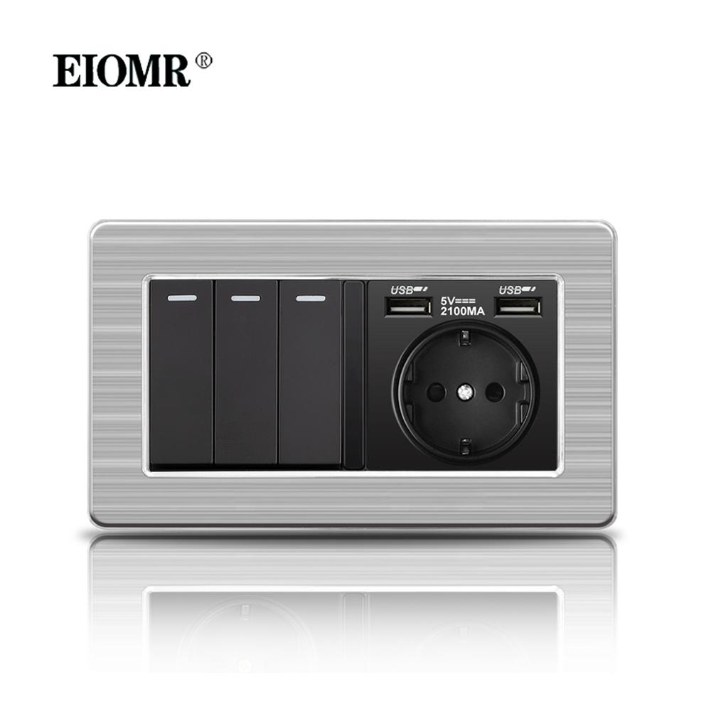 EIOMR 16A Black EU Standard Wall Sockets and Switches Stainless Steel Panel with Children Protective Door with USB Power Outlet