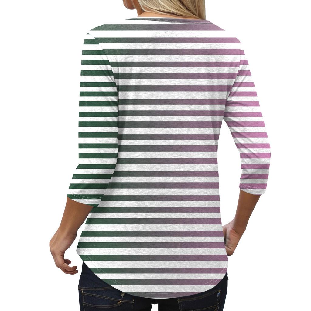 Women's Fashion Loose Cross V-Neck Seven Sleeve T-Shirt Striped Printed Casual Top