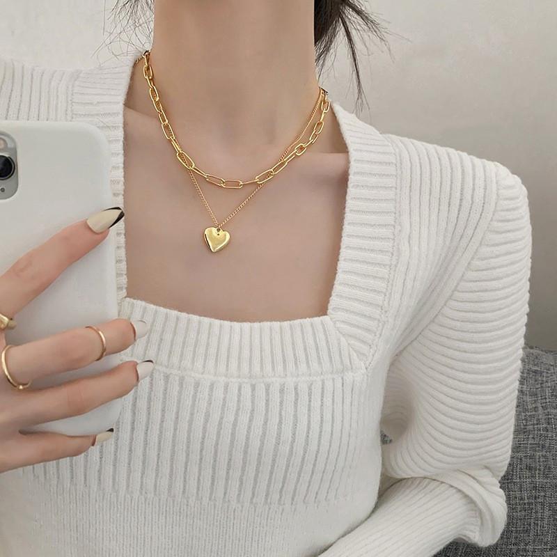 Europe, America, Fashion Hip-hop Long Sweater Chain Necklace Women, Simple Double-layer Love Pendant Necklace
