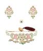 Rosa-grüne Steine, Perlen, mehrsträngig, Kundan-Choker-Halskette, Ohrringe und Ring-Set für Frauen
