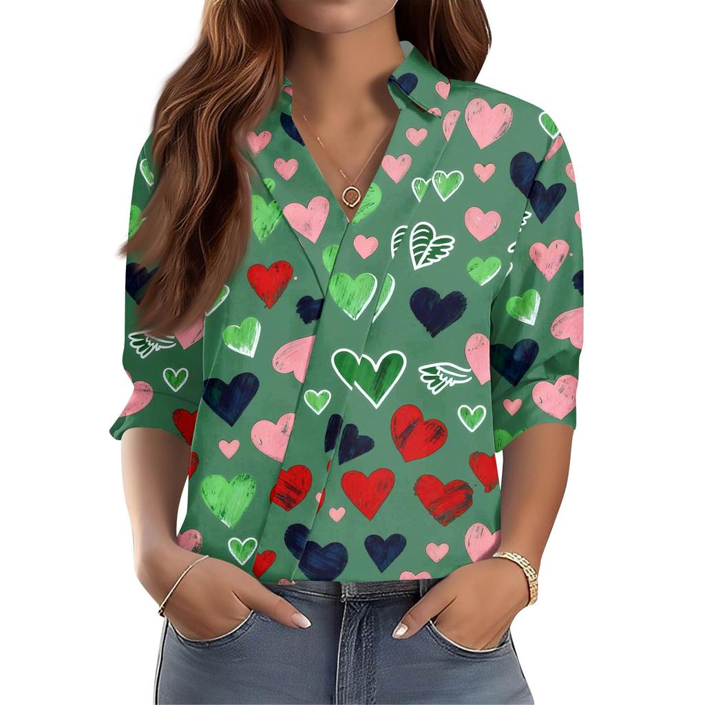 Women's 3/4-Sleeve V-Neck Shirt Printed Workwear Casual Regular Shirt Collar Top