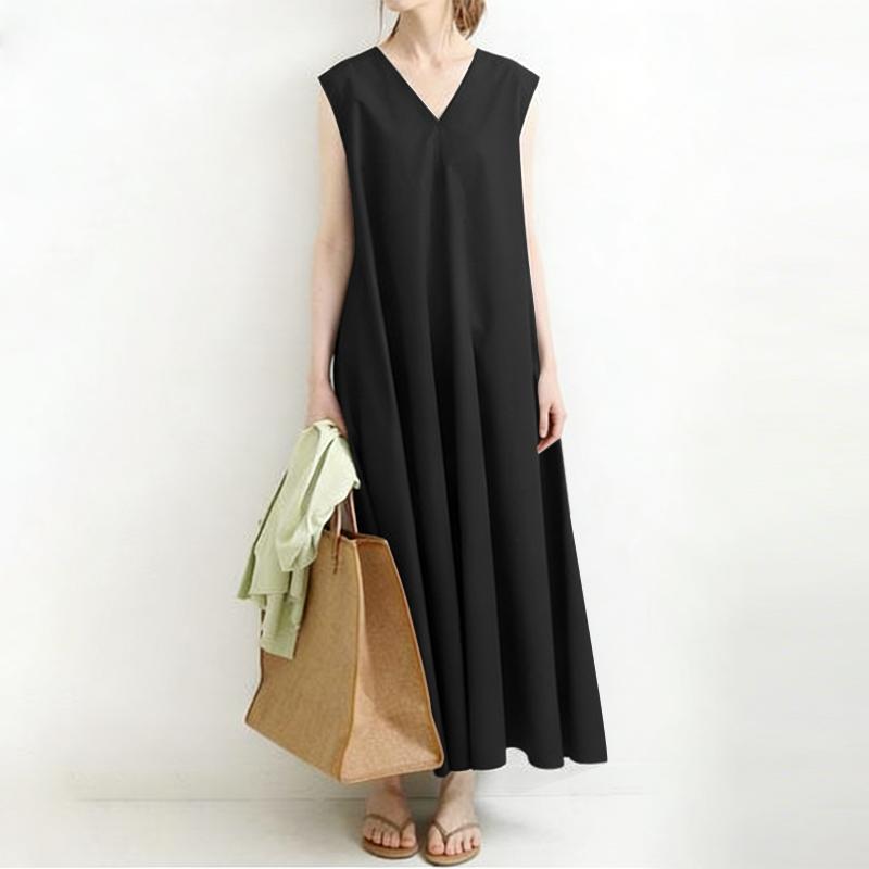 

ZANZEA Women Casual V-Neck Solid Color Loose Sleeveless Dress S