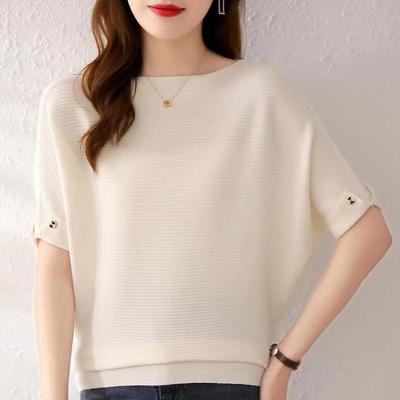 Spring Women's O-Neck Short Sleeved Breathable Sweater Wool Pullover Soft Knitwear Top