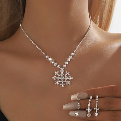 Christmas Snowflake Full Diamond Claw Chain Necklace Earrings Set Holiday Jewelry Two-Piece Set Women