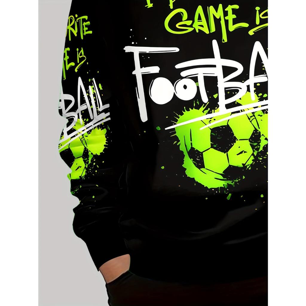 Guttegenser med 3D-trykk - Fotballmønster Slogandesign, Langermet Høst/Vinter Casual Sportstopp