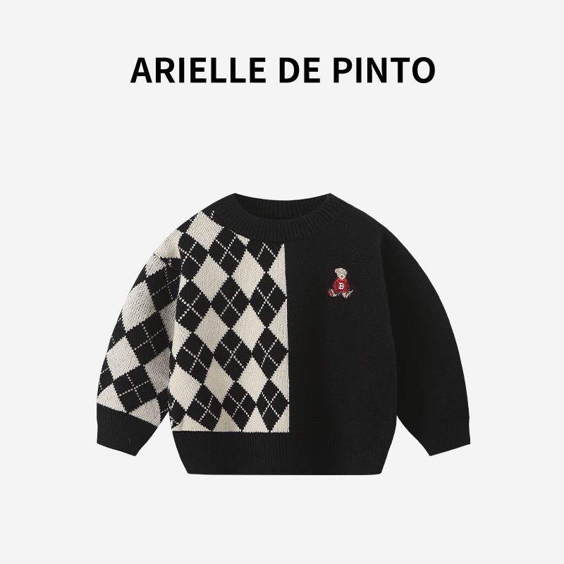 French Arielle De Pinto Kidsren s Sweater Autumn and Winter New Style Handsome Boys  Diamond Pattern Embroidered Knitwear Black 150