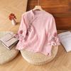 Summer cotton and linen diagonal embroidered disc buckle new ethnic top women's retro literary tea clothes seven-quarter sleeve shirt