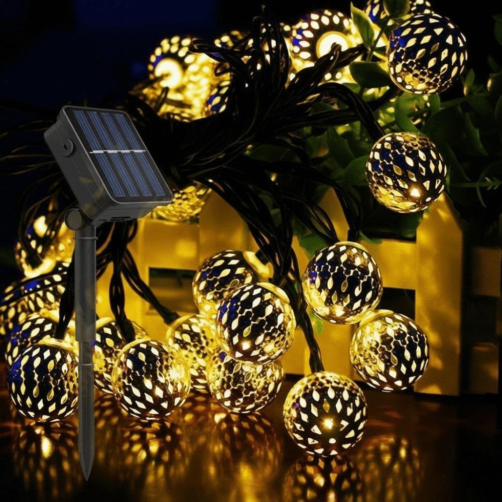 Gold Ball Solar LED String Lights Iron Round Ball Silver Ball Outdoor String Lights Waterproof Creative Design 5M