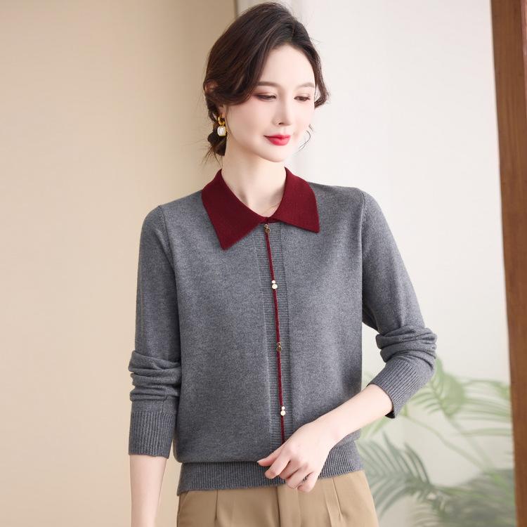 New Fashion Sweater Doll Collar Thin Mom Top Middle-aged Ladies Spring and Autumn Long Sleeve Knitting