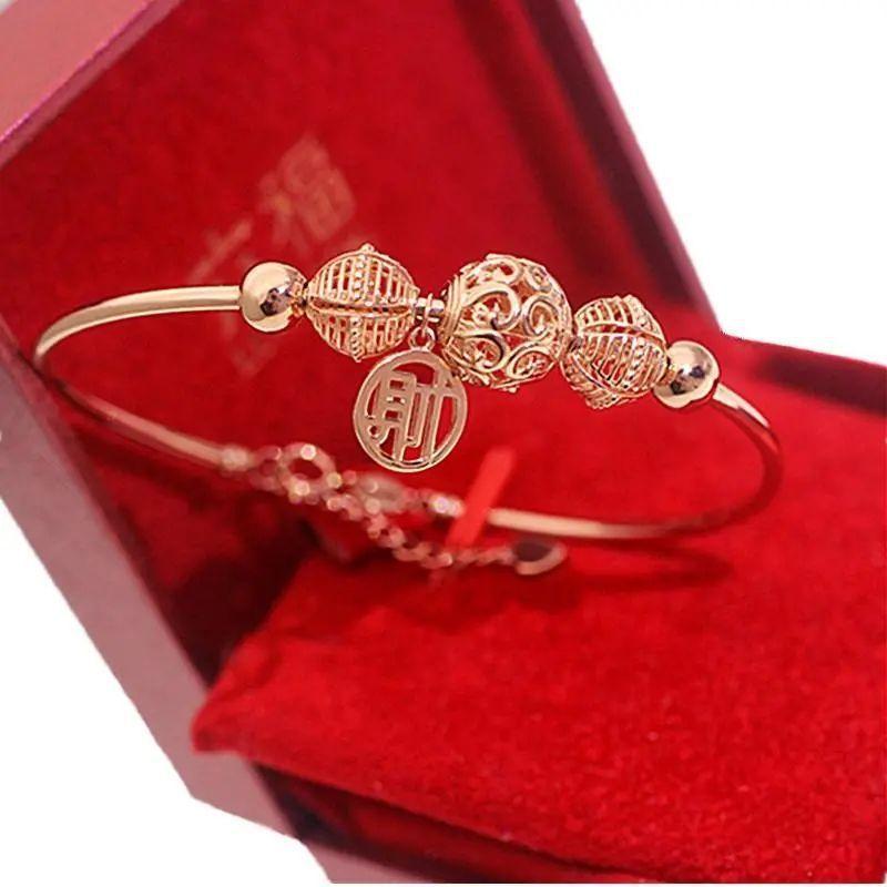 

Zijin Cai Character Bracelet Simple Korean Version Fashion Rose Gold Plated Color Gold Hollow Round Bead Jewelry （17+3cm）