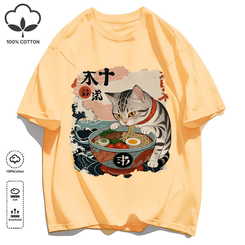 A Cat That Likes To Eat Noodles Print T Shirt Unisex Casual Loose Short Sleeve Summer Soft Clothing O-Neck Unisex Cotton Tee