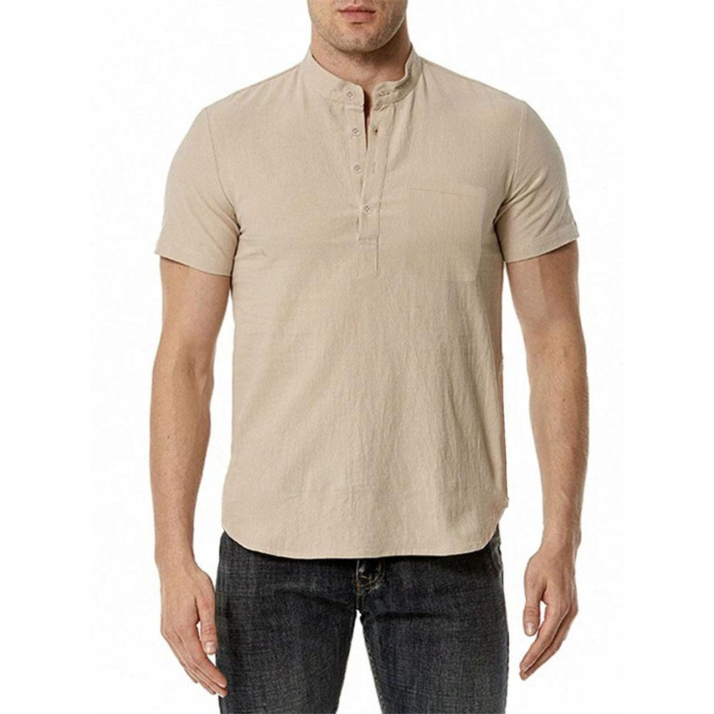 Summer Men's Cotton Linen T-shirt Beach Style Short SLeeve Henley Neck Vacation Hawaii Casual Lightweight Breathable Cozy Tops