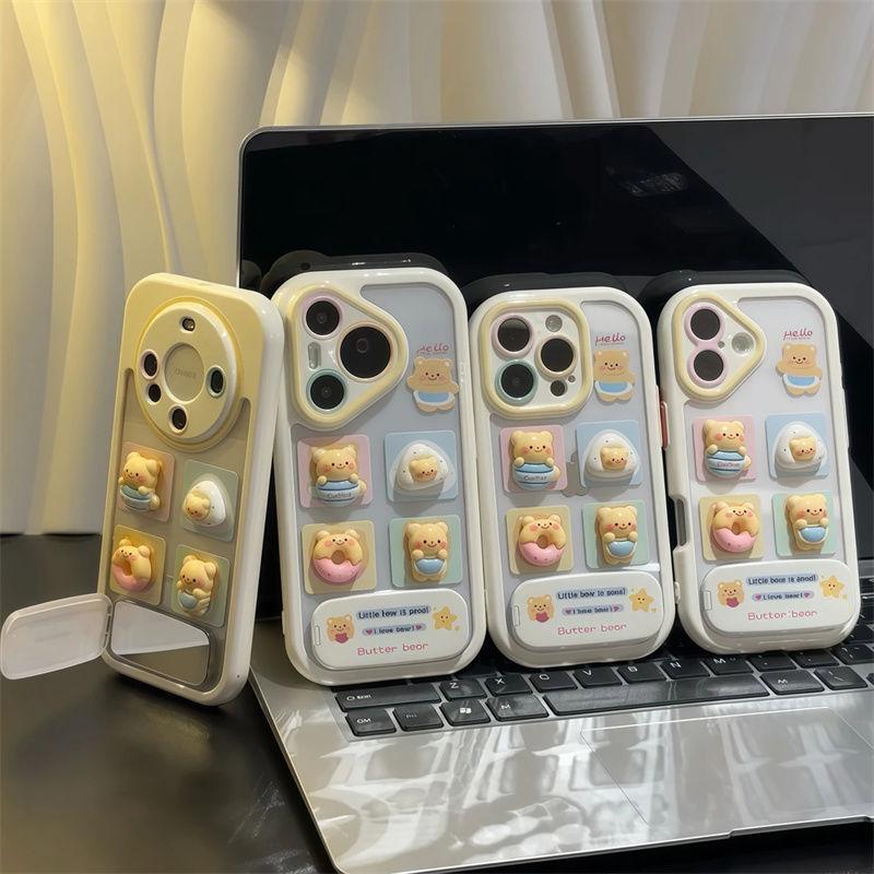 Suitable for IPhone 16 Cute Phone Case Butter Bear Apple 15 Promax Protective Cover 14 Mirror Bracket 13