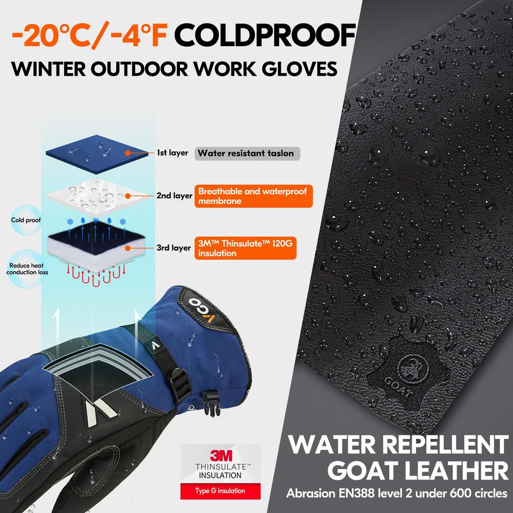 or or 3M Thinsulate insulation C120 with cotton Temless winter work waterproof and Cowhide leather gloves for freezer snow and 1 pair GA7760FLWP