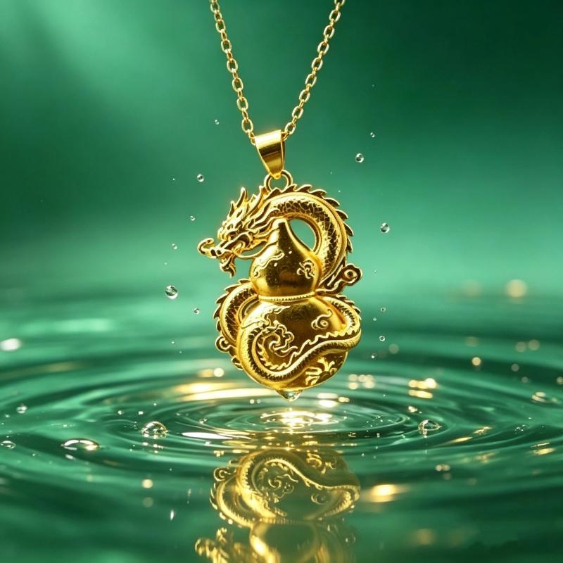 Gold Dragon Gourd Pendant Necklace With Intricate Carvings Auspicious Symbolism Perfect For Daily Wear Gifting Jewelry