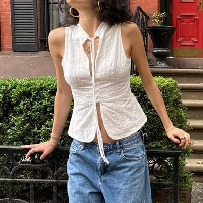 Women Vest Tops Solid Color Retro Design Stand-Up Collar Sleeveless Tank Tops Summer Holiday Party Club Everyday Wear