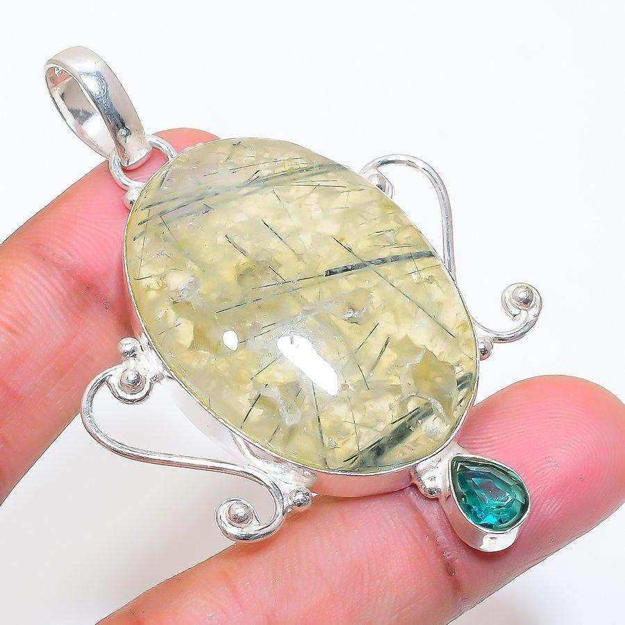 Natural Prehnite, Diopside 925 Sterling Silver Jewelry Pendant 2.64" ZS-609
