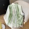 Women's Point Collar Long Sleeve Shirt Loose Fit Feminine Lace Patchwork Blouse Thin Sun Protection Overshirt