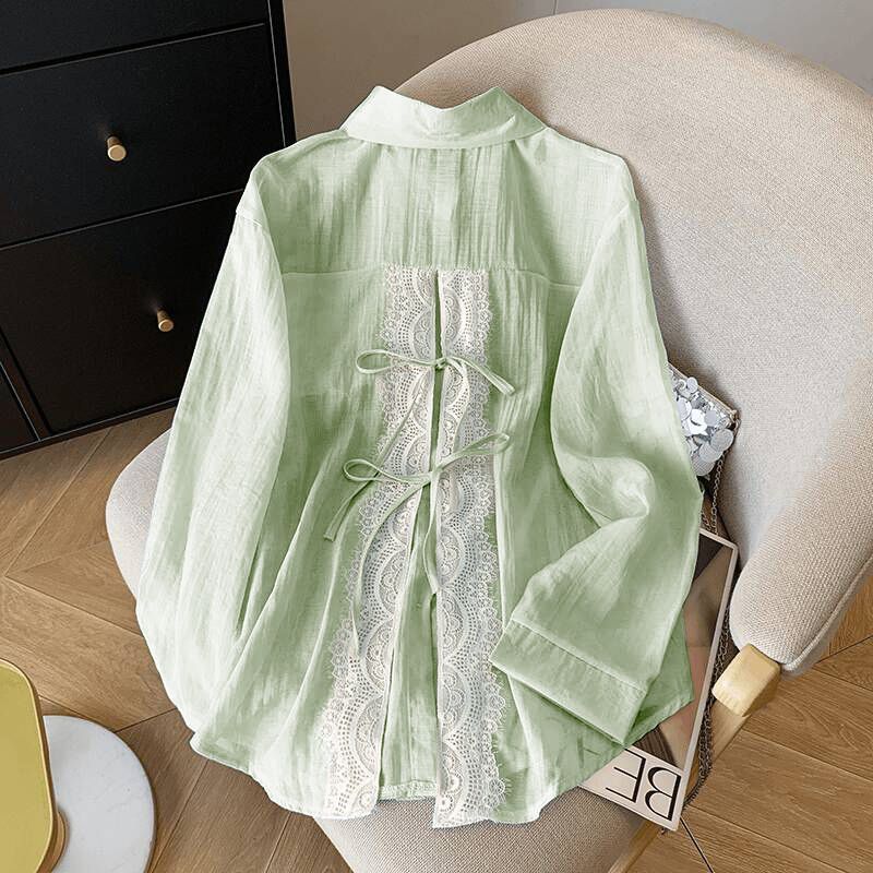 Women's Point Collar Long Sleeve Shirt Loose Fit Feminine Lace Patchwork Blouse Thin Sun Protection Overshirt