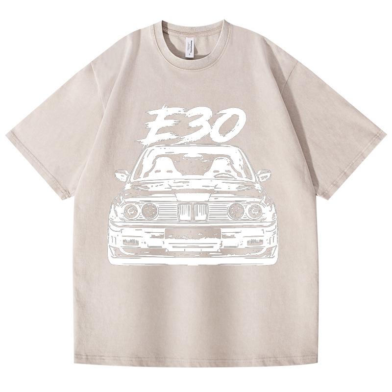 Retro Vasket Vintage T-skjorte E30 Bil 100% Bomull T-skjorte Fleece Tykk Varm Dame Herre Hip Hop Trykket Rund hals T-skjorte
