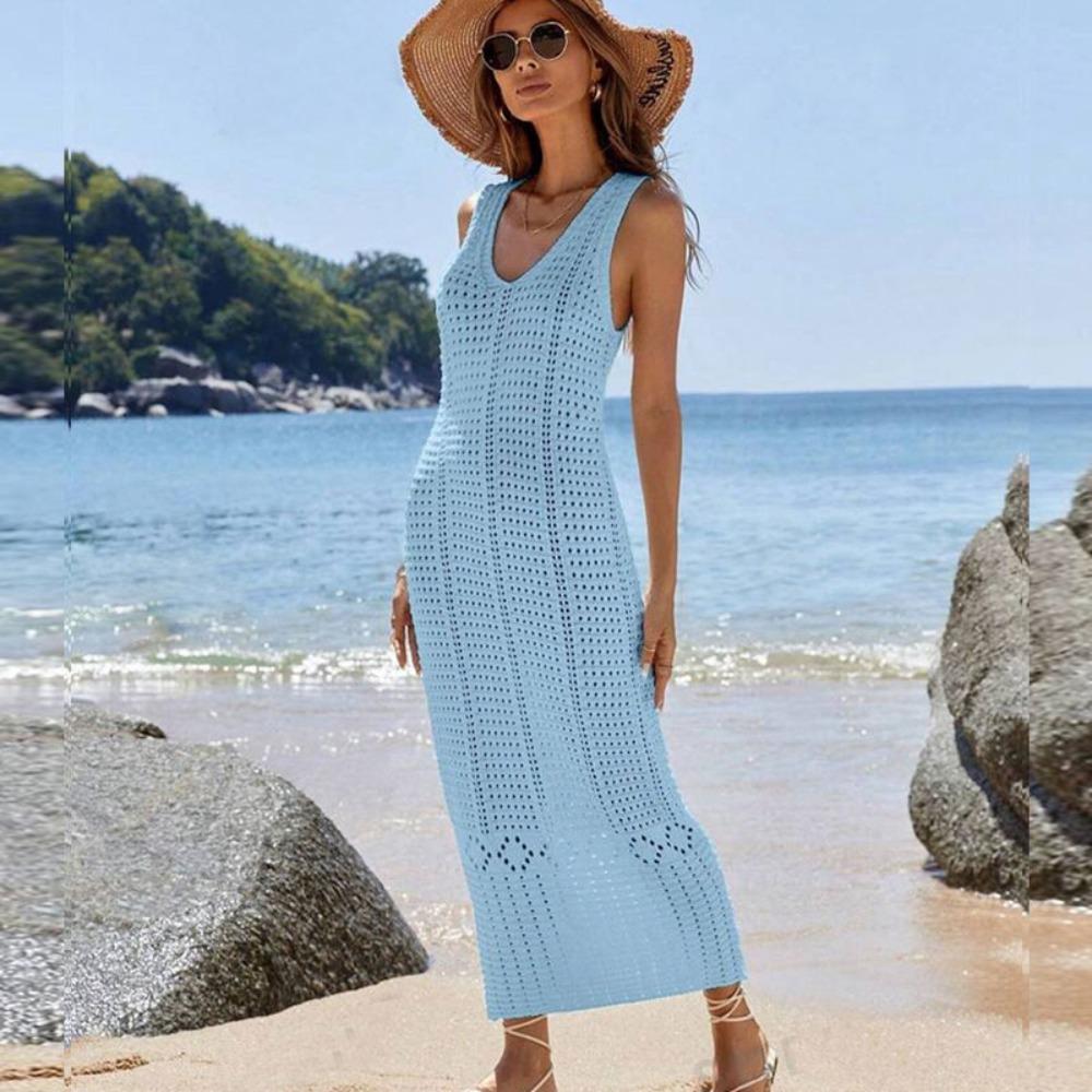 Damen V-Ausschnitt Ärmelloses Maxikleid Normale Passform Strandstil Häkelmuster Durchbrochener Überwurf