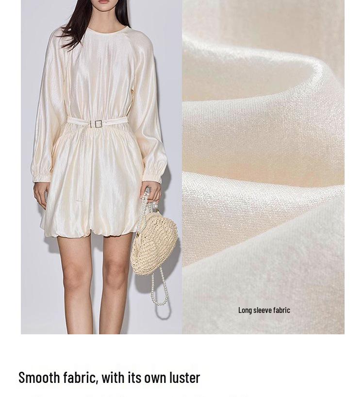 2026 Spring French Drape Puff Sleeve Belted Fluffy Skirt Dress for Women