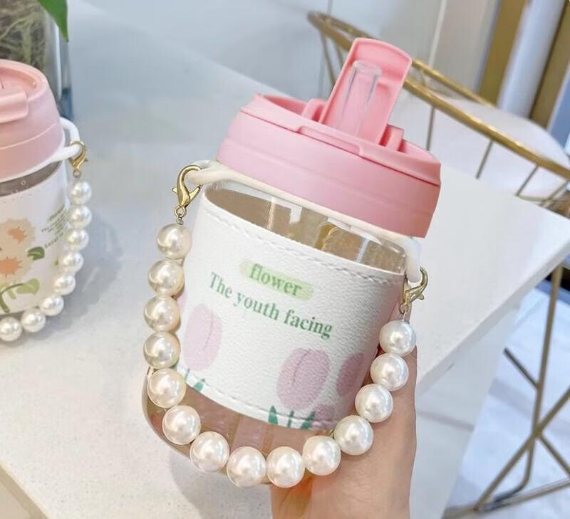 Portable Dual-Use Glass Pearl Cup with Straw & Sleeve