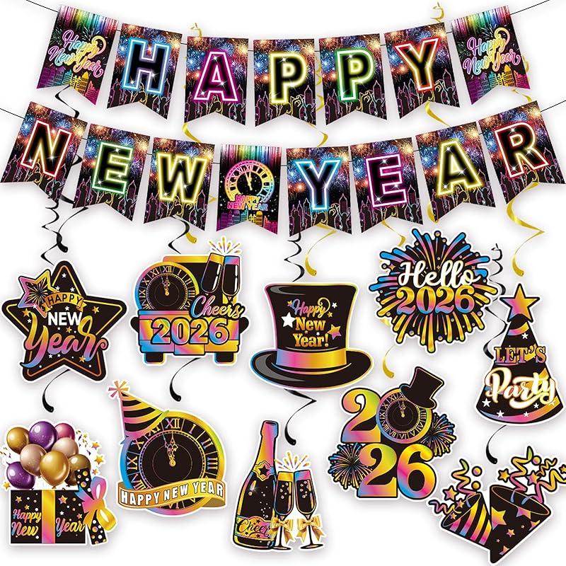 Colorful Happy New Year Banner & Hanging Swirls, Neon Themed 2026 Happy New Years Paper Banner Ceiling Swirl Streamers for New Years Eve Party