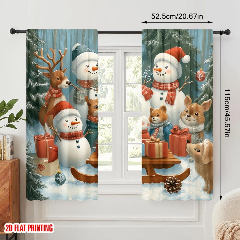 2pcs,2D plane printing Popular Curtain Panels Cute Snowmen Forest Friends Versatile 100% Polyester (without rod) Decorations For