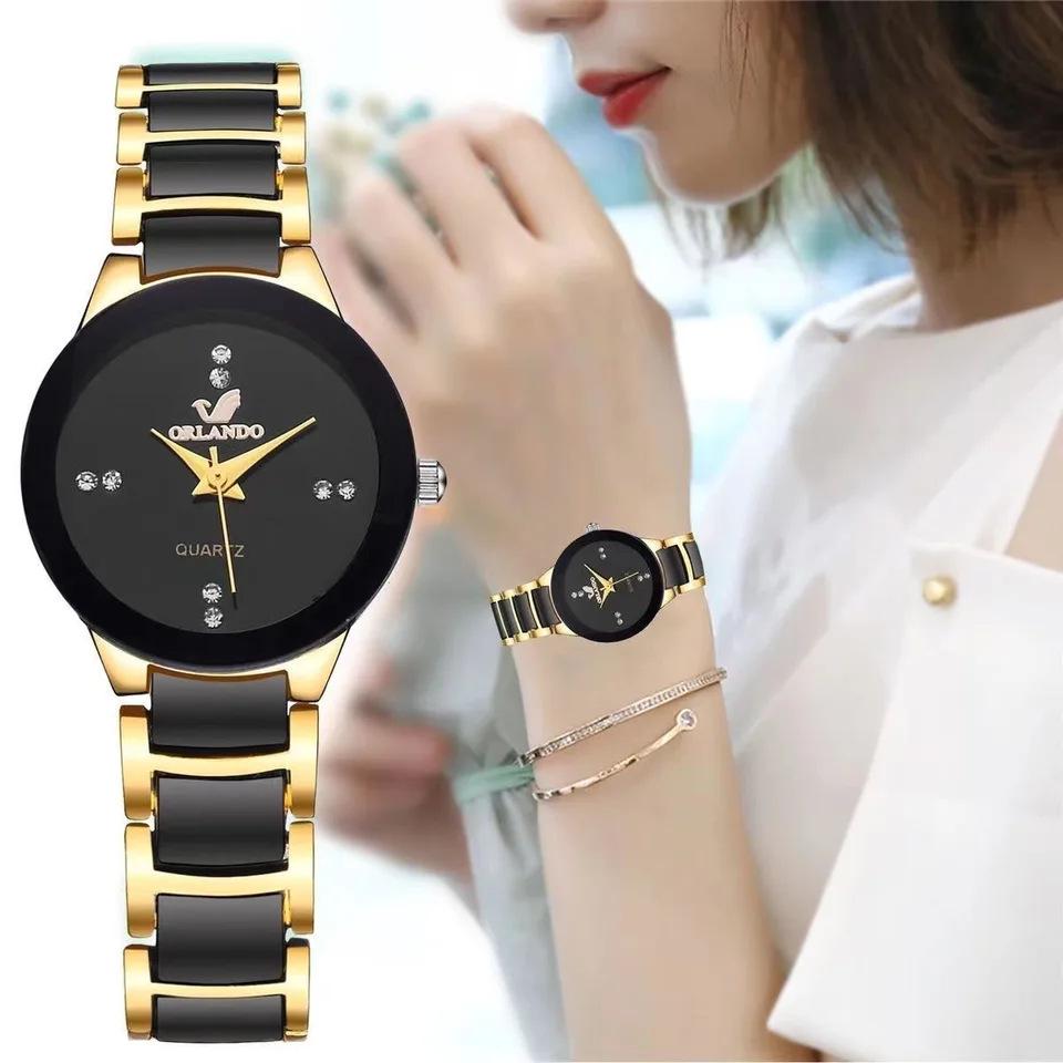 Women's Black Gold Quartz Watch with Versatile Steel Band