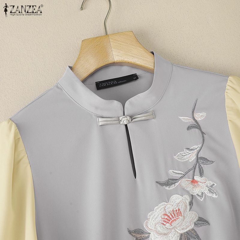 ZANZEA Women Casual Stand Collar Splice Half Sleeve Blouse