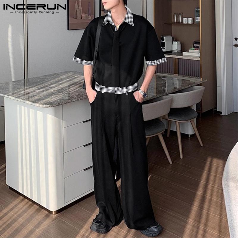 INCERUN Two Pieces Men Lapel Neck Short Sleeve Plaid T-Shirt Long Straight Pants Sets Outfits