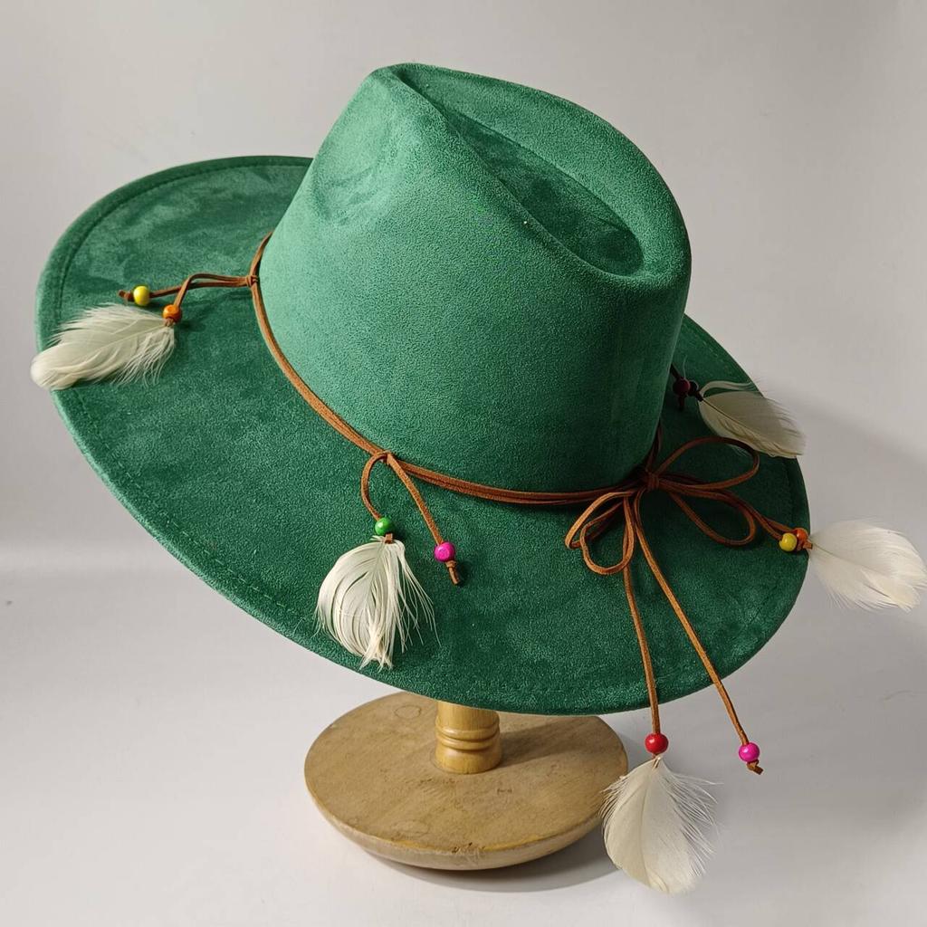 2026Bohemian style suede hat, brim 9.5 cm fedora with feather accessories, classic church hat, wide brim hat, women's hat
