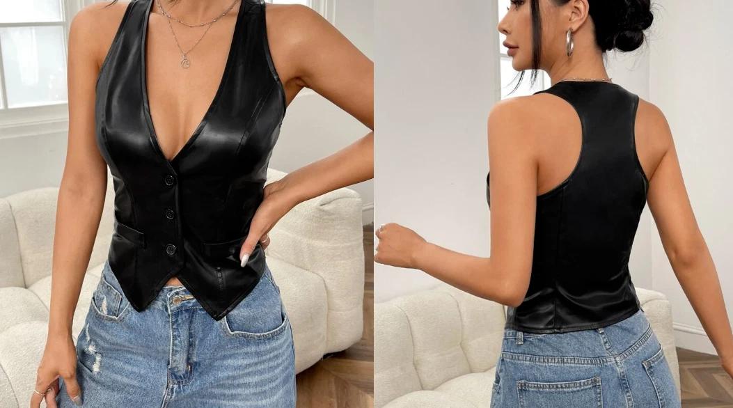 

Нарядный жилет женский стильный кожаный черный жилет для вечеринки пальто западный 100% овчина 3XL чёрный