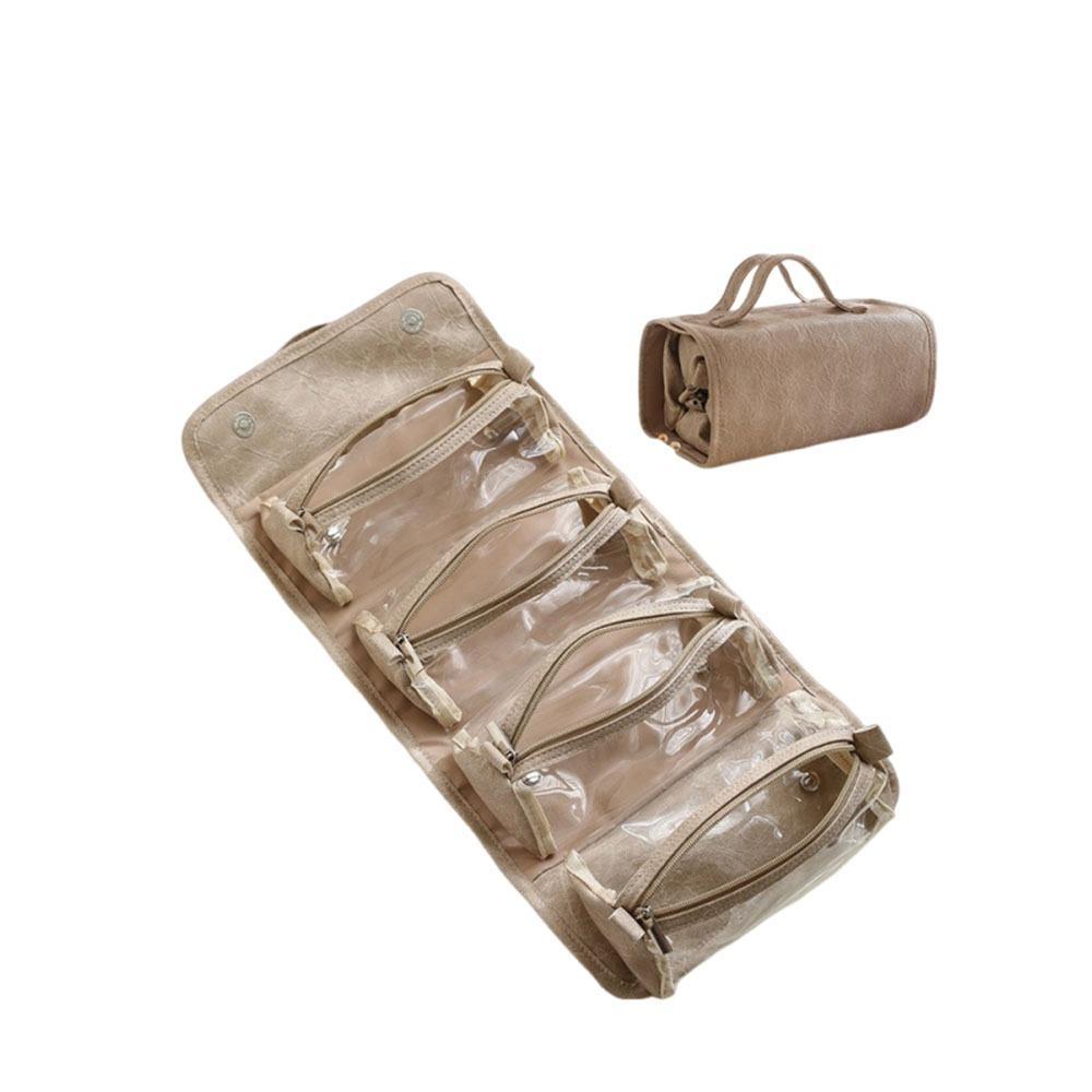 

Large Capacity Foldable Cosmetic Bag Waterproof PU Leather Portable Toiletry Bag Roll Up Design Detachable Makeup Organizer