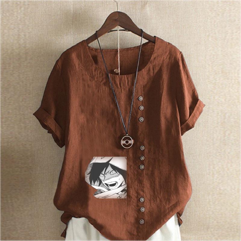Women's Fashion Handsome Pattern Prined Short Sleeve T-shirt Loose Cotton Shirt Casual Loose Summer Blouse Tops Plus Size
