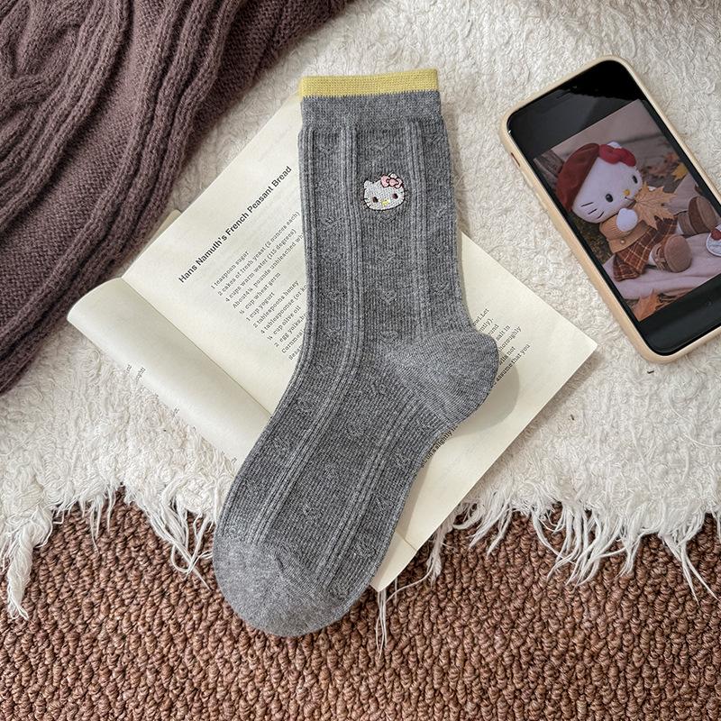Women's Mid-Calf Colorblock Cat Embroidery Socks - Autumn/Winter Bubble Rolled Edge