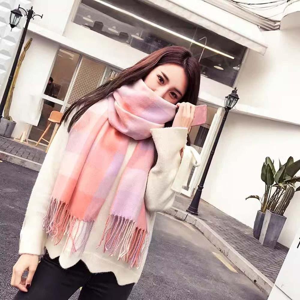 Soft Knitted Wool Shawl Cold-proof Long Neckscarf with Tassel Gifts Classic Plaid Scarf Women