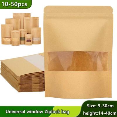 10pcs Zip Lock Food Bags Kraft Paper Window Bag Stand Up Gift Dried Food Fruit Tea Packaging Pouches Zipper Self Sealing Bags