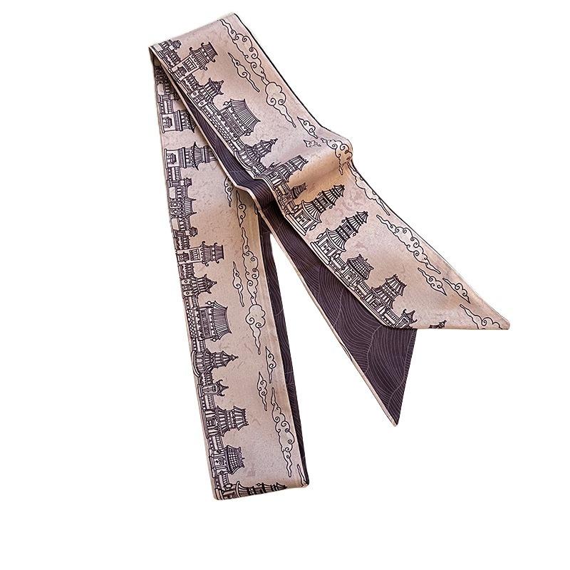 Long streamer bow tied hair retro Dunhuang oil painting silk scarf headband women tied headscarf